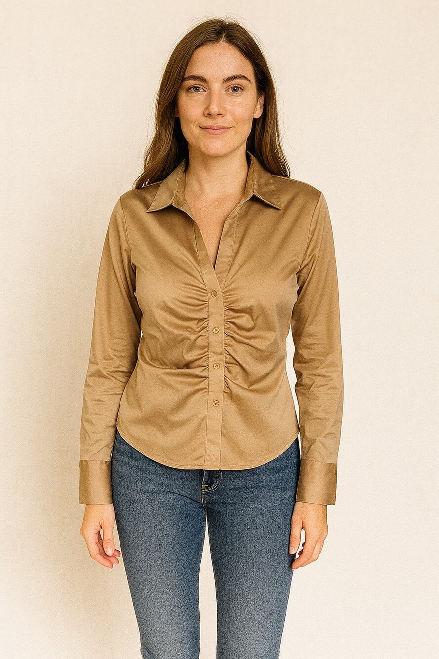 NWT Abercrombie & Fitch Women Satin Collar Ruched Button Up Shirt Bronze Size S